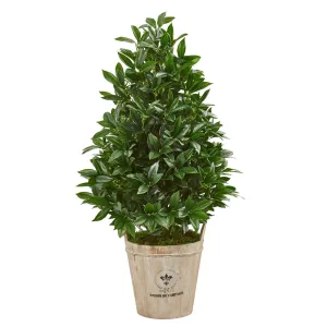 39” Bay Leaf Cone Topiary Artificial Tree in Farmhouse Planter