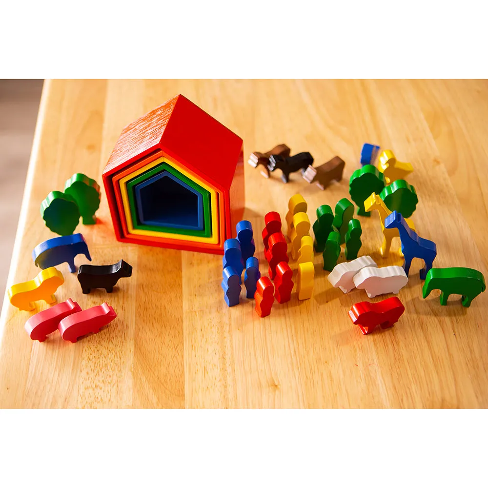 Colorful Wooden Nesting Houses & Block Figures