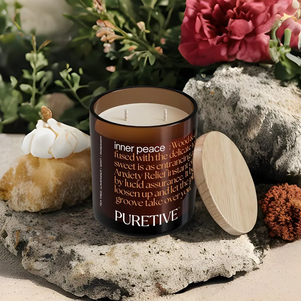 Puretive Scented Candle, Inner Peace Scented Aroma Therapy Candle | Neroli, Cypress, Grapefruit & Eucalyptus, 100% Soy Wax & Essential Oil, 35 hrs Burn time, for Home Decoration, Gifting | 480 Grams