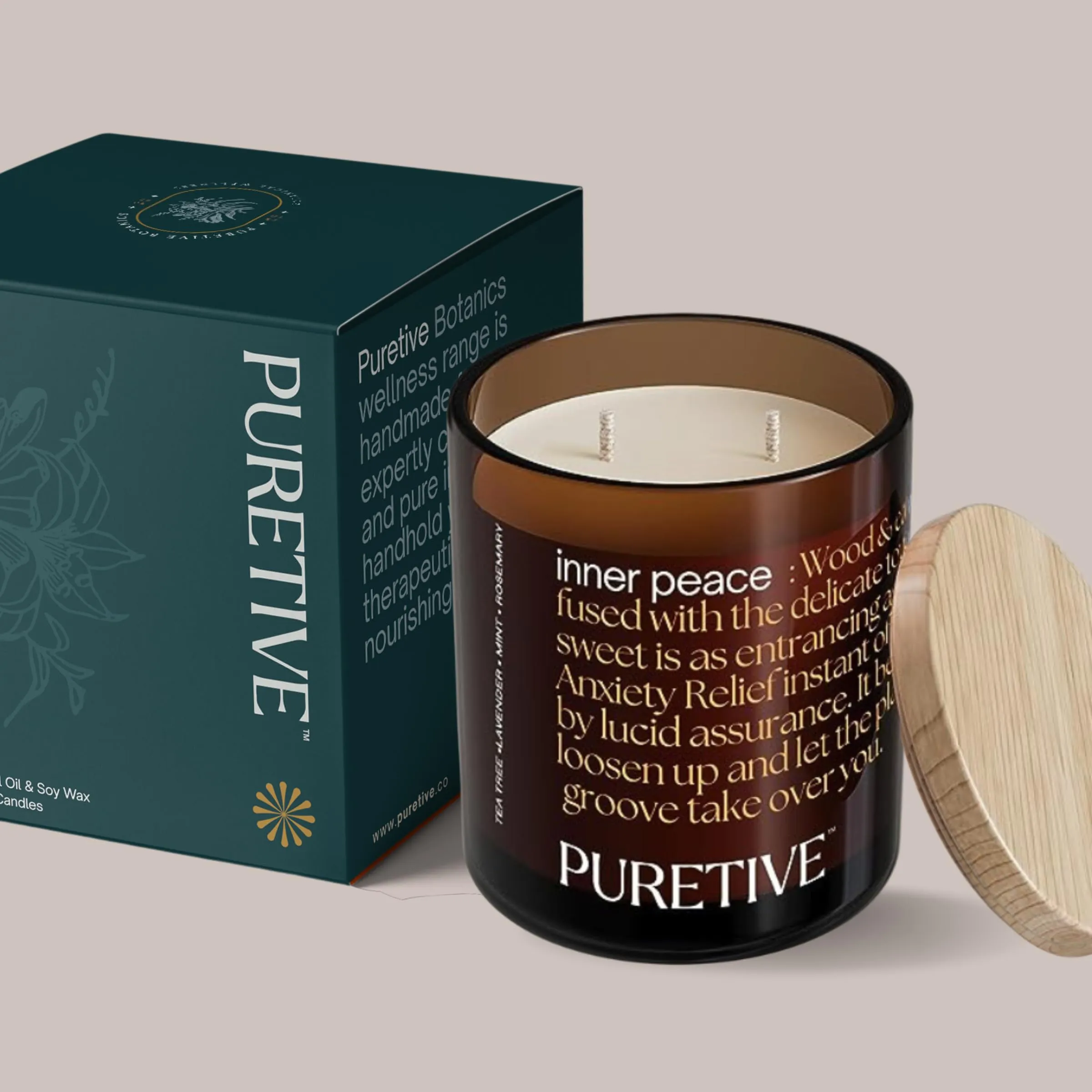 Puretive Scented Candle, Inner Peace Scented Aroma Therapy Candle | Neroli, Cypress, Grapefruit & Eucalyptus, 100% Soy Wax & Essential Oil, 35 hrs Burn time, for Home Decoration, Gifting | 480 Grams