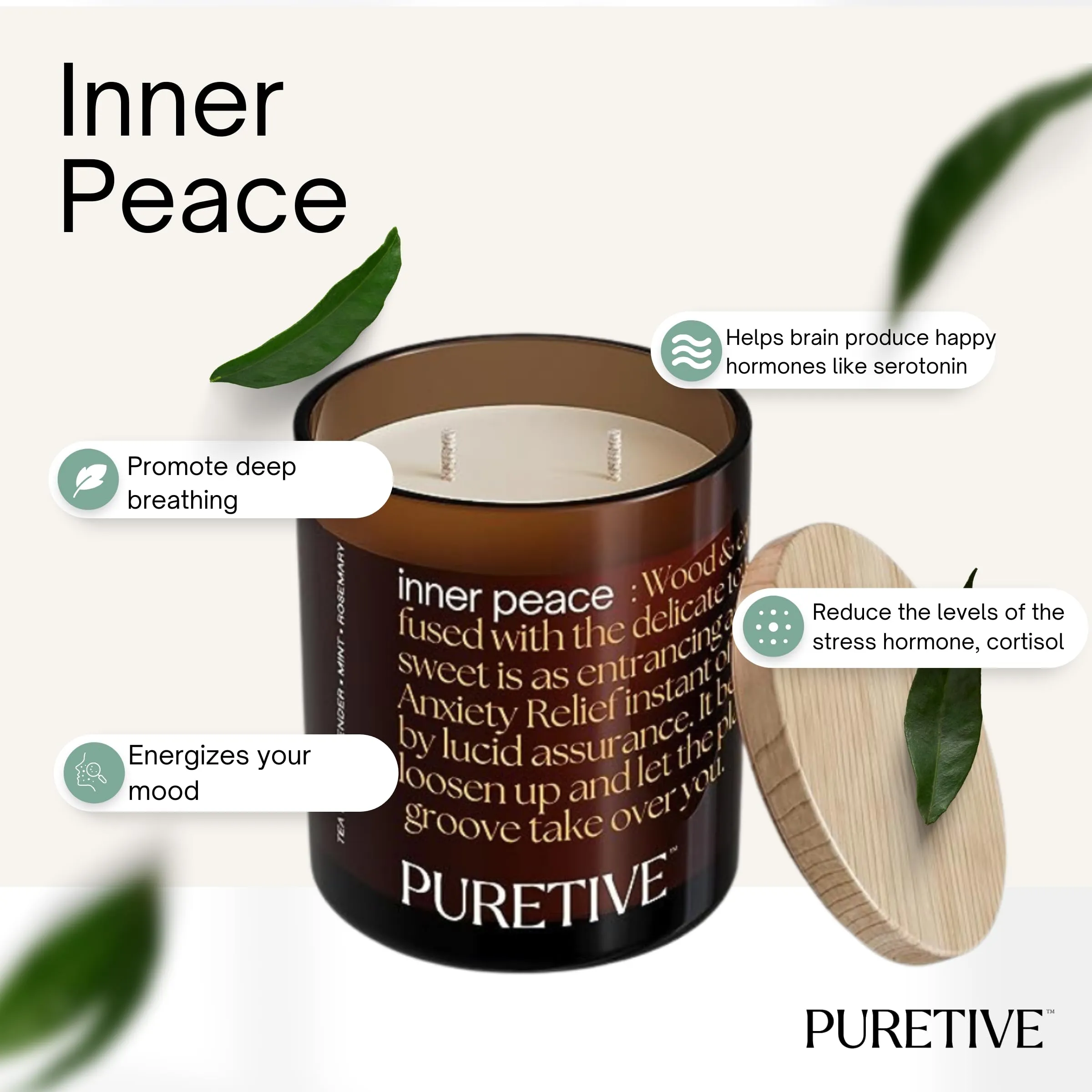 Puretive Scented Candle, Inner Peace Scented Aroma Therapy Candle | Neroli, Cypress, Grapefruit & Eucalyptus, 100% Soy Wax & Essential Oil, 35 hrs Burn time, for Home Decoration, Gifting | 480 Grams