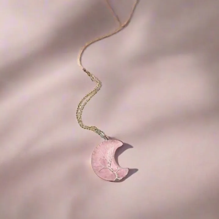 Rose Quartz Crescent Moon Gemstone Necklace – Love, Comfort, and Healing Energy